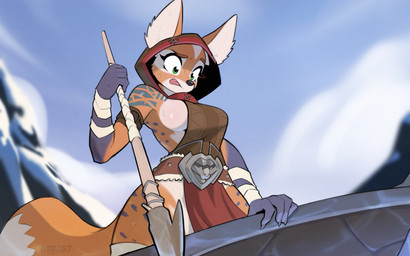 anthro big_breasts bodily_fluids breasts female holding_melee_weapon holding_object holding_polearm holding_spear holding_weapon hood looking_down melee_weapon polearm pose side_boob solo spear sweat sweatdrop tongue tongue_out weapon askart canid canine fox mammal 16:10 2025 detailed digital_drawing_(artwork) digital_media_(artwork) hi_res widescreen