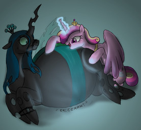 close_to_bursting cutie_mark duo feathered_wings feathers female feral green_eyes green_hair hair horn inflation insect_wings multicolored_hair pink_body pink_feathers purple_eyes quadruped slightly_chubby tail wings defenceless friendship_is_magic hasbro my_little_pony mythology princess_cadance_(mlp) queen_chrysalis_(mlp) arthropod changeling_(mlp) equid equine mammal mythological_creature mythological_equine winged_unicorn 2013