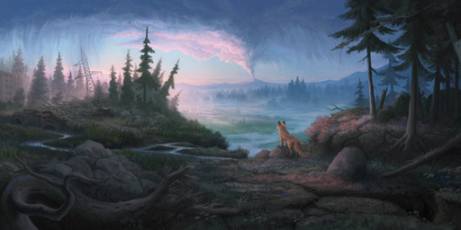 ambiguous_gender cloud detailed_background feral forest fur landscape mountain outside plant post-apocalyptic ruins sky solo tail tree volcano tailbyte canid canine fox mammal red_fox true_fox absurd_res detailed digital_media_(artwork) digital_painting_(artwork) hi_res painting_(artwork) shaded signature