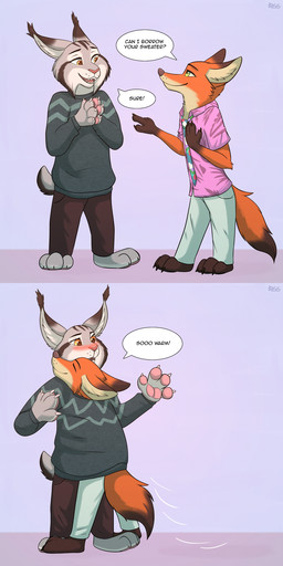 anthro blush bottomwear clothed clothing dialogue duo eyes_closed feet fur grey_body grey_fur male necktie open_mouth pants shirt simple_background smile speech_bubble standing sweater tail teeth text toes topwear ruth66 disney zootopia nick_wilde pawbert_lynxley canada_lynx canid canine felid feline fox lynx mammal red_fox true_fox 1:2 comic digital_media_(artwork) english_text hi_res one_page_comic