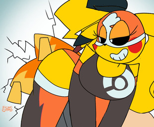 anthro big_breasts black_sclera blonde_hair breasts butt clothed clothing cosplay_pikachu_(costume) cracked_wall duo facesitting female fur hair long_hair male nude pseudo_hair simple_background sitting sitting_on_another tail thick_thighs white_background white_eyes yellow_body yellow_fur filthycottonart unfortu-nate game_freak nintendo pokemon hi-volt_(unfortu-nate) pikachu_libre skye_(unfortu-nate) generation_1_pokemon generation_3_pokemon jirachi legendary_pokemon pikachu pokemon_(species) 2024 digital_media_(artwork)