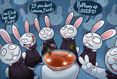 anthro beverage bow_tie buckteeth bunny_costume clothing costume drunk female food fruit group imminent_oral_vore imminent_vore male micro olive_(fruit) plant size_difference substance_intoxication suit teeth denaturedalbumin human lagomorph leporid mammal rabbit