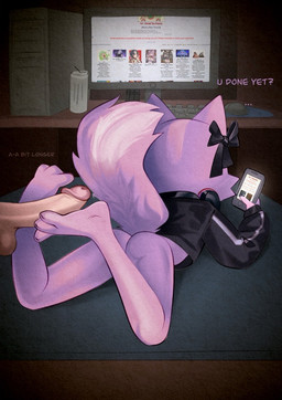 anthro balls biped black_clothing butt cellphone clothing dialogue duo electronics feet female fluffy fluffy_tail foot_fetish foot_play footjob fur genitals holding_cellphone holding_object holding_phone human_on_anthro interspecies loli lying male male/female on_front penile penis phone purple_body sex solo_focus tail text young xu53r aggretsuko sanrio shikabane_(aggretsuko) human mammal mephitid skunk 2025