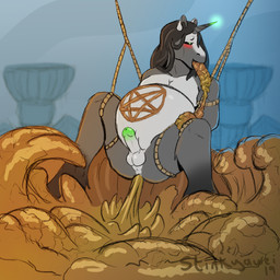 anthro balls bdsm belly bloated bondage bound excessive_feces feces genitals horn hyper hyper_feces inflation inverted_pentacle male occult_symbol penis pentacle pooping scatplay solo suspension suspension_bondage symbol grubbs mythology equid equine mammal mythological_creature mythological_equine unicorn 1:1 2019 digital_media_(artwork) hi_res