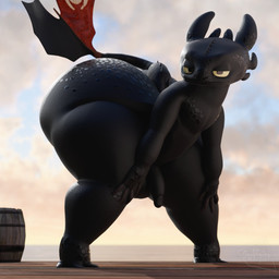 4_fingers anthro anthrofied arched_back balls barrel big_butt black_body black_scales bottom_heavy butt circumcised fingers floor genitals half-closed_eyes huge_butt humanoid_genitalia humanoid_penis hyper hyper_butt male narrowed_eyes penis scales solo spiked_tail spikes spikes_(anatomy) tail thick_thighs water wood wood_floor darkspite dreamworks european_mythology how_to_train_your_dragon mythology toothless dragon fury_(httyd) mythological_creature mythological_scalie night_fury scalie western_dragon 1:1 2025 3d_(artwork) digital_media_(artwork) english_description hi_res