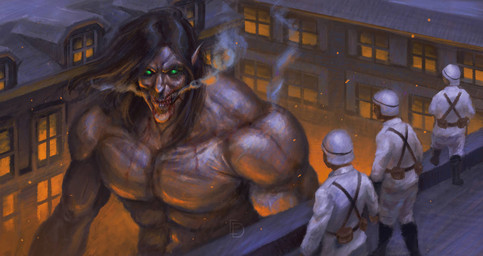 black_boots black_clothing black_footwear blood blood_on_teeth bodily_fluids boots bottomwear brown_hair building chest_strap clothing fire footwear glowing glowing_eyes green_eyes group hair humanoid_pointy_ears long_hair macro male marleyan_uniform muscular muscular_humanoid muscular_male pants pointy_ears shirt shoes steam steaming_body straps topwear white_bottomwear white_clothing white_helmet white_pants white_shirt white_topwear artofedph attack_on_titan eren_jaeger human humanoid mammal monster titan_(attack_on_titan)