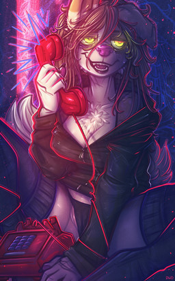 anthro big_breasts biped black_clothing black_panties black_underwear bodily_fluids breasts brown_body brown_fur brown_hair camel_toe chest_tuft cleavage clothed clothing crouching electronics eye_bags fangs female female_anthro fur genitals glowing glowing_eyes hair hoodie jacket landline_phone legwear messy_hair obscured_inner_labia off_shoulder open_mouth panties phone solo sweat sweatdrop teeth thigh_highs tired topwear tuft underwear vulva white_body white_fur yellow_eyes dimwitdog dimmi_(dimwitdog) canid canine canis domestic_dog mammal 5:8 absurd_res hi_res