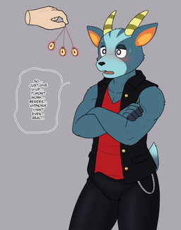 ambiguous_gender anthro antlers blue_body blush bodily_fluids bottomwear bulge clothed clothing crossed_arms dialogue disembodied_hand duo erection erection_under_clothing horn hypnosis hypnotic_eyes male mind_control oblivious open_mouth pants pendulum pendulum_swing scut_tail shirt short_tail simple_background sleeveless_shirt solo_focus speech_bubble spiral spiral_eyes sweat sweatdrop tail tenting text topwear hypno_neet animal_crossing nintendo bruce_(animal_crossing) deer mammal 2025 absurd_res english_text hi_res