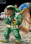 2023 accipitrid accipitriform armor astronaut avian backpack bald_eagle bird brown_body brown_feathers brown_fur brown_hair canid canine canis clothing cosmic_background crater eagle earth edmol feathers feet flag footprints fur gloves green_eyes growth hair handwear headgear helmet hi_res large_wings life_support logo male mammal moon mythological_canine mythological_creature mythology old_glory pheagle planet sea_eagle snout snout_growth space space_background spacecraft spacesuit star talons toes torn_clothing transformation vehicle were werecanid werecanine werewolf wolf yellow_eyes