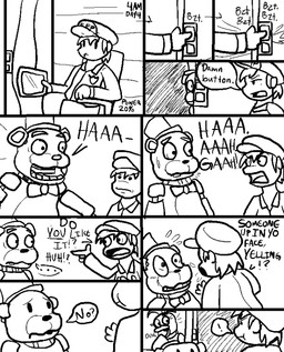 angry anthro clothing electronics ellipsis exclamation_point female hat headgear headwear machine male role_reversal tablet tablet_computer text unknown_artist five_nights_at_freddy's scottgames chica_(fnaf) classic_chica_(fnaf) freddy_(fnaf) mike_schmidt animatronic avian bird human mammal robot comic monochrome