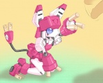 anthro blue_eyes cord curious disembodied_penis duo female genitals gradient_background half-erect humanoid_genitalia humanoid_penis machine magentacat male male/female medabots penis pink_body robot simple_background solo_focus tail unknown_artist