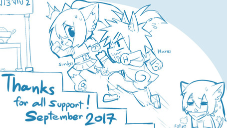 anthro ear_tuft female inside looking_at_viewer male motion_lines open_mouth running stairs text tuft sollyz haruz sollyz_(character) sundyz canid canine canis domestic_cat domestic_dog felid feline felis mammal 16:9 2017 digital_drawing_(artwork) digital_media_(artwork) english_text monochrome sketch widescreen
