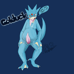 anthro bodily_fluids drooling genitals male penis pokemorph pose presenting saliva slightly_chubby solo thick_thighs tongue fledgedragonfox nintendo pokemon anatid anseriform avian bird duck generation_1_pokemon golduck humanoid pokemon_(species) pinup