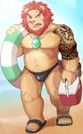 angry anthro beach bulge clothed clothing fur hair jewelry male mane mane_hair muscular muscular_anthro muscular_male navel pendant red_hair seaside solo speedo swimwear tan_body tan_fur tattoo orangetaming lifewonders tokyo_afterschool_summoners oz_(tas) felid lion mammal pantherine absurd_res hi_res