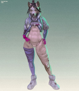 5_fingers abs anthro bangs black_hair bodysuit boots breasts camel_toe clothed clothing cropped_jacket cybernetic_limb cybernetics cyberpunk digitigrade facial_piercing female fingerless_gloves fingers footwear front_view futuristic_clothing gloves gradient_background green_background hair hair_bun hands_on_hips handwear jacket looking_at_viewer machine mechanical_arm mechanical_leg midriff muscular muscular_anthro muscular_female neon nose_piercing nose_ring open_clothing open_jacket open_topwear piercing prosthetic prosthetic_limb purple_clothing purple_gloves purple_handwear rim_lighting ring_piercing robot_arm robot_leg robotics science_fiction shoes simple_background skinsuit small_breasts solo standing text thick_thighs tight_clothing topwear transhumanism wide_hips alex-dep-998 bungie marathon_(series) thief_(marathon) android canid canine canis cyborg mammal robot wolf 2026 artist_name concept_art detailed digital_drawing_(artwork) digital_media_(artwork) english_text full-length_portrait hi_res mixed_media model_sheet portrait shaded
