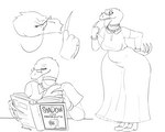 anthro breasts eyewear female glasses librarian mature_female non-mammal_breasts reading shush solo skwmt4 dinosaur prehistoric_species reptile scalie therizinosaurid therizinosaurus theropod 5:4 black_and_white hi_res monochrome sketch