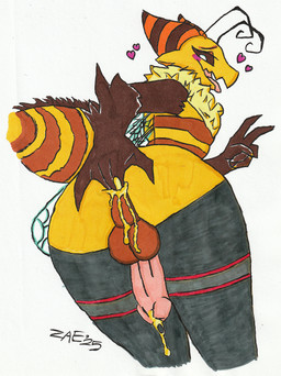 5_fingers ahegao anal anal_fingering antennae_(anatomy) anthro balls biped blush bodily_fluids brown_body brown_fur brown_sclera chest_tuft cum cybernetic_limb cybernetics erection fingering fingers food fur genital_fluids genitals gesture hand_gesture heart_symbol honey_(food) horn insect_wings looking_pleasured machine male penis pupils rear_view sex simple_background solo striped_body stripes tuft unusual_bodily_fluids unusual_cum unusual_genital_fluids v_sign white_background white_pupils wings yellow_body yellow_fur zaeryn i.v._(ivycomb) arthropod bee hymenopteran insect 2025 hi_res signature traditional_media_(artwork)