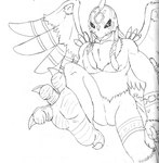 anthro armor barefoot claws feathered_wings feathers feet female foot_focus headgear helmet hindpaw looking_at_viewer looking_down looking_down_at_viewer low-angle_view nude paws soles solo toe_claws toes wide_eyed wings jimfoxx bandai_namco digimon avian digimon_(species) garudamon 2017 hi_res monochrome