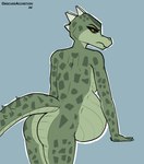 2024 absurd_res anthro argonian belly big_belly black_sclera breasts butt deeja dweevil female green_body green_scales hi_res humanoid_hands looking_at_viewer looking_back looking_back_at_viewer mayternity mayternity_2024 non-mammal_breasts nude nude_anthro nude_female pregnant pregnant_anthro pregnant_female scales scalie signature skyrim solo the_elder_scrolls yellow_eyes