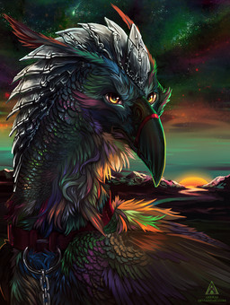 amber_eyes armor beak black_beak chain chain_leash chair collar detailed_background feathered_wings feathers feral furgonomics furniture leash leashed_collar mountain sky solo star sun sunset wings amenlona avian bust_portrait colorful_theme digital_media_(artwork) hi_res portrait unavailable_at_source