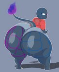 anthro big_butt blue_eyes bottomwear bubble_butt butt claws clothing colored_fire fangs fire flaming_tail grey_background grey_body grey_bottomwear grey_clothing grey_shorts grey_tail huge_butt looking_back male purple_eyes purple_fire rear_view red_clothing red_sweatshirt red_topwear shorts simple_background solo tail teeth thick_thighs toe_claws topwear bloocherrypie nintendo pokemon alex_(reathe) charmander generation_1_pokemon pokemon_(species) undead 2023 absurd_res cel_shading colored digital_media_(artwork) hi_res shaded