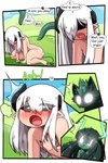 2:3 absurd_res blush bodily_fluids butt comic cum cum_on_butt demon demon_humanoid dialogue english_text female feral genital_fluids hair hi_res humanoid male nude spade_tail tail tentacles text theyeager white_hair