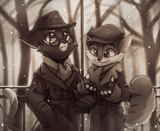 1920s_theme anthro clothing coat duo entwined_arms eyewear fedora fingerless_gloves glasses gloves hand_in_pocket handwear hat headgear headwear looking_up male male/male newsboy_cap outside plant pockets scarf smile snow snowflake snowing snowing_outside topwear tree trenchcoat winter winter_coat naenae_(artist) lackadaisy mordecai_heller rocky_rickaby domestic_cat felid feline felis mammal 2021 monochrome sepia