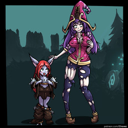 alternate_species attribute_theft body_size_growth breasts clothed clothing duo female fully_clothed hair hand_on_breast hat headgear headwear larger_female looking_down nipple_outline outside partially_clothed plant purple_hair red_hair shrinking size_difference size_theft size_transformation smaller_female smile torn_clothing transformation tree inksgirls league_of_legends riot_games tencent katarina_du_couteau_(lol) lulu_(lol) human humanoid mammal yordle 1:1 2015 hi_res