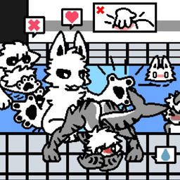 anthro ass_up black_sclera blush blush_lines bodily_fluids butt_slap female floor fur grey_body group hair heart_symbol male male/female paws shark_tail shy slap spread_legs spreading striped_body stripes surprised sweat sweatdrop swimming_pool thought_bubble tile tile_floor tile_wall wall_(structure) water white_body white_fur white_hair white_sclera pfluffyskeleton changed_(video_game) squid_dog_(changed) tiger_shark_(changed) latex_creature 1:1
