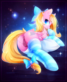 accessory anatomically_correct anatomically_correct_genitalia anatomically_correct_vulva animal_genitalia animal_vulva anus blonde_hair blue_background blue_eyes bodily_fluids bow_(feature) bow_accessory bow_ribbon butt chest_tuft clitoral_winking clitoris clothing cutie_mark equine_genitalia equine_vulva eyebrows eyelashes feathered_wings feathers female feral footwear fur furgonomics genital_fluids genitals hair hair_accessory hair_bow hair_ribbon hooves legwear long_hair looking_at_viewer looking_back lying mostly_nude pattern_clothing pattern_footwear pattern_legwear pattern_socks pillow pink_body pink_feathers presenting presenting_hindquarters presenting_vulva puffy_anus rear_view ribbons simple_background smile socks solo sparkles striped_clothing striped_footwear striped_legwear striped_socks stripes tail tail_accessory tail_bow tail_ribbon thigh_highs tuft vaginal_fluid_string vaginal_fluids vulva wings koveliana hasbro my_little_pony mythology fan_character equid equine mammal mythological_creature mythological_equine pegasus 2018 absurd_res hi_res