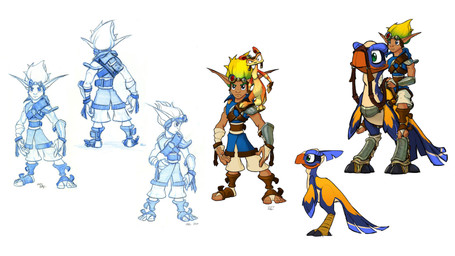 ambiguous_gender anthro armor beak blonde_hair bottomwear brown_body brown_fur carrying_another clothing eyewear eyewear_on_head feathered_wings feathers fur goggles goggles_on_head group hair humanoid_pointy_ears male on_shoulders pants pauldron pointy_ears riding simple_background size_difference smile standing tail white_background wings bob_rafei jak_and_daxter naughty_dog sony_corporation sony_interactive_entertainment daxter flut_flut jak_(jak_and_daxter) avian elf humanoid mammal mustelid ottsel 16:9 2000 hi_res official_art widescreen