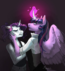 anthro arm_tuft bite biting_lip caressing clothing collared_shirt dress_shirt duo elbow_tuft fangs female female/female glowing glowing_horn horn shirt teeth topwear tuft wings maxiima friendship_is_magic hasbro my_little_pony mythology rarity_(mlp) twilight_sparkle_(mlp) equid equine mammal mythological_creature mythological_equine unicorn winged_unicorn hi_res