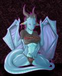 anthro bad_dragon big_breasts biped blush breasts camel_toe clothed clothing digital_media_(artwork) dragon exposure_variation female janine_(bad_dragon) kneeling mythological_creature mythological_scalie mythology narse nipple_outline non-mammal_breasts open_mouth panties scalie skimpy solo spread_legs spreading tail underwear wings