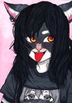 ahegao anthro black_body black_fur black_hair blush clothed clothing ear_piercing eyebrows facial_piercing fangs fur hair inner_ear_fluff looking_away looking_pleasured male monotone_hair nose_piercing piercing red_tongue shirt smile solo t-shirt teeth tongue tongue_out topwear tuft white_body white_fur yellow_eyes yellow_nose iijackie3678ii domestic_cat felid feline felis mammal absurd_res colored hi_res traditional_media_(artwork)