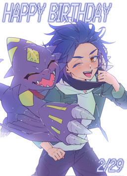 anthro blue_hair blush claws duo hair male one_eye_closed purple_body sharp_teeth smile teeth wings wink seru_021 bandai_namco digimon digimon_beatbreak raito_souda digimon_(species) human mammal monodramon scalie hi_res