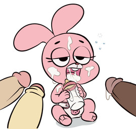 anthro baby_bottle barefoot bodily_fluids bottle buckteeth container cum cum_in_a_baby_bottle cum_in_bottle cum_in_container diaper feet female fur genital_fluids genitals group humanoid_genitalia humanoid_penis loli long_ears male male/female neonate penis pink_body pink_ears pink_fur simple_background teeth white_background young young_anthro intest cartoon_network the_amazing_world_of_gumball anais_watterson lagomorph leporid mammal rabbit