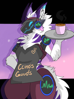 anthro apron beverage candy chocolate clothing cybernetics dessert femboy food gradient_background hot_chocolate machine male markings protogen_armor protogen_face protogen_visor purple_markings purple_stripes screen screen_face serving_beverage serving_tray simple_background solo stripes anonymous_artz zeta_the_protogen cyborg protogen 3:4 hi_res