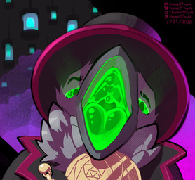 anthro black_clothing blue_light chain clothing feathers glistening glowing glowing_eyes glowing_insides glowing_mouth gold_(metal) gold_chain gold_jewelry gold_necklace green_insides green_mouth green_sclera green_tongue grey_body grey_feathers jewelry lamp lantern looking_at_viewer low-angle_view magician magician_hat male mouth_shot neck_tuft necklace open_mouth purple_light solo tongue tuft howzit_toyah avian bird corvid oscine passerine hi_res
