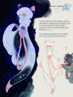 5_fingers blush blush_lines bubble diving_suit duo fingers heart_symbol intersex male notebook pencil_(object) pink_body pink_eyes question_mark sea tail text translucent translucent_body translucent_tail underwater water white_body rurupo aquatic aquatic_gastropod clione gastropod human humanoid mammal mollusk sea_angel sea_slug slug 2026 absurd_res alternate_version_at_source comic english_text hi_res multiple_scenes herm_(lore)