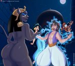 anthro female feral group magic magic_user male pre-transformation shocked trio wide_hipped_female wide_hips zapped el-loko disney disney's_aladdin abu_(aladdin) aladdin_(disney) mirage_(disney) princess_jasmine_(disney) domestic_cat felid feline felis haplorhine human mammal monkey primate