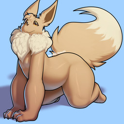 3_fingers all_fours ambiguous_anthro ambiguous_gender anthro anthrofied belly big_tail biped blue_background brown_body brown_claws brown_ears brown_eyes brown_fur brown_inner_ear brown_nose brown_tail claws dipstick_tail eyelashes finger_claws fingers fluffy fluffy_tail fur glistening glistening_body glistening_eyes glistening_fur head_tuft looking_at_viewer markings multicolored_body multicolored_fur multicolored_tail neck_tuft no_sclera nude nude_ambiguous nude_anthro pokemorph pupils side_view simple_background slightly_chubby slightly_chubby_ambiguous slightly_chubby_anthro solo tail tail_markings tan_body tan_fur tan_tail tan_tail_tip thick_tail thick_thighs three-quarter_view tuft two_tone_body two_tone_fur two_tone_tail alwaysfaceleft nintendo pokemon canid canine eevee generation_1_pokemon mammal pokemon_(species) 1:1 2024 absurd_res colored digital_media_(artwork) full-length_portrait hi_res portrait shaded