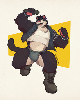 5_fingers anthro arm_tattoo biceps black_body black_fur black_hair boots bracelet brown_boots brown_clothing brown_footwear bulge chest_tuft clothed clothing crotch_tuft denim denim_clothing denim_topwear denim_vest description ear_piercing ear_ring electronics eyebrow_piercing facial_piercing fangs fingers footwear fur green_eyes grey_clothing grey_jockstrap grey_topwear grey_underwear grey_vest hair holding_microphone holding_object jewelry jockstrap male male_anthro manly microphone muscular muscular_anthro muscular_male musician open_mouth pantsless pantsless_anthro pantsless_male partially_clothed pawpads piercing raised_arm raised_clothing raised_hand raised_shirt raised_tank_top raised_topwear ring_piercing rock_(genre) rocking_out rockstar shirt shoelaces shoes short_hair simple_background singer solo tail tank_top tattoo teeth text topwear tuft underwear vest white_clothing white_shirt white_tank_top white_topwear elweonfurr0 kotarocat domestic_cat felid feline felis mammal absurd_res digital_media_(artwork) english_description english_text full-length_portrait hi_res portrait