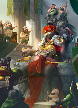 anthro belt chair clothed clothing crown food fruit fur furniture gold_(metal) group headgear king male mantle meat melon plant ring royalty scepter sitting throne watermelon dawg canid canine canis domestic_dog dwarf humanoid mammal molosser pug small_molosser toy_dog hi_res