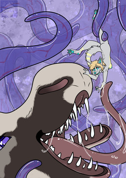 anthro blood bodily_fluids breasts dangling duo excited_expression extreme_size_difference fangs female female/female imminent_vore licking long_tongue nipples prey_eating_predator saliva saliva_on_tongue saliva_string sharp_teeth size_difference split_jaw teeth tentacles tongue unusual_mouth arwenscoots conditional_dnp dymara_(arwenscoots) vee_(veebo) canid canine deer demon fox grey_fox mammal moose new_world_deer urocyon hi_res