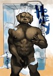 abs anthro barazoku bathing brown_body brown_eyes brown_fur flaccid fur genitals holding_pecs holding_penis male muscular nipples nude penis shower showering solo steam text water erokaiga honey_(erokaiga) canid canine canis domestic_dog mammal 2021 digital_media_(artwork) hi_res signature