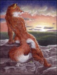 anthro biped canvas cloud female glance high_place nude outcrop outside rear_view rock scenic_view sitting sky solo tail selderaya canid canine fox mammal 2005