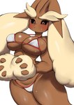 anthro big_breasts bikini bikini_bottom bikini_top black_sclera blush bodily_fluids breasts clothed clothing female fur huge_breasts looking_at_viewer multicolored_body multicolored_fur pink_eyes simple_background solo sweat swimwear tan_body tan_fur two-piece_swimsuit two_tone_body two_tone_fur sleepiness18 nintendo pokemon generation_4_pokemon lopunny pokemon_(species) 2025 absurd_res hi_res
