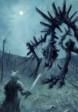 ambiguous_feral ambiguous_gender anthro bone clothed clothing duo feral glowing glowing_eyes holding_melee_weapon holding_object holding_sword holding_weapon male male_anthro melee_weapon moon rear_view red_eyes skeleton sky standing sword weapon white_body akatan_art animated_skeleton undead hi_res