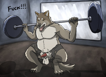 anatomically_correct animal_genitalia animal_penis anthro balls bottomwear brown_body brown_fur canine_genitalia canine_penis clothed clothing dialogue exercise exposed fur genitals gym inside male mirror musclegut muscular no_underwear penis profanity sheath shorts simple_background solo text torn_bottomwear torn_clothing torn_shorts wardrobe_malfunction weightlifting weights workout yellow_eyes yenocwolf kinktober canid canine canis mammal wolf absurd_res english_text hi_res