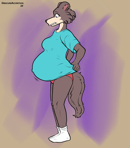 anthro belly big_belly blue_clothing blue_shirt blue_t-shirt blue_topwear clothed clothing female footwear fur grey_body grey_fur huge_belly humanoid_hands hyper hyper_belly hyper_pregnancy looking_down looking_down_at_belly looking_down_at_self navel nervous no_shoes outie_navel panties pantsless pregnant pregnant_anthro pregnant_female red_clothing red_panties red_underwear shirt socks solo standing t-shirt tail tan_body tan_fur teeth topwear underwear white_clothing white_footwear white_socks obscureaccretion beastars mayternity mayternity_2026 juno_(beastars) canid canine canis mammal wolf 2026 absurd_res digital_drawing_(artwork) digital_media_(artwork) hi_res